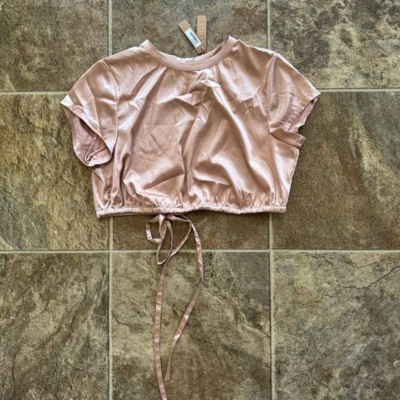 Skims Woven Shine Stretch Satin Crop Top Pink Sand Size Small - Picture 2 of 9